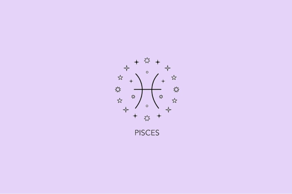 Imagem com fundo lilás apresentando o símbolo astrológico do signo de Peixes rodeado por pequenas estrelas