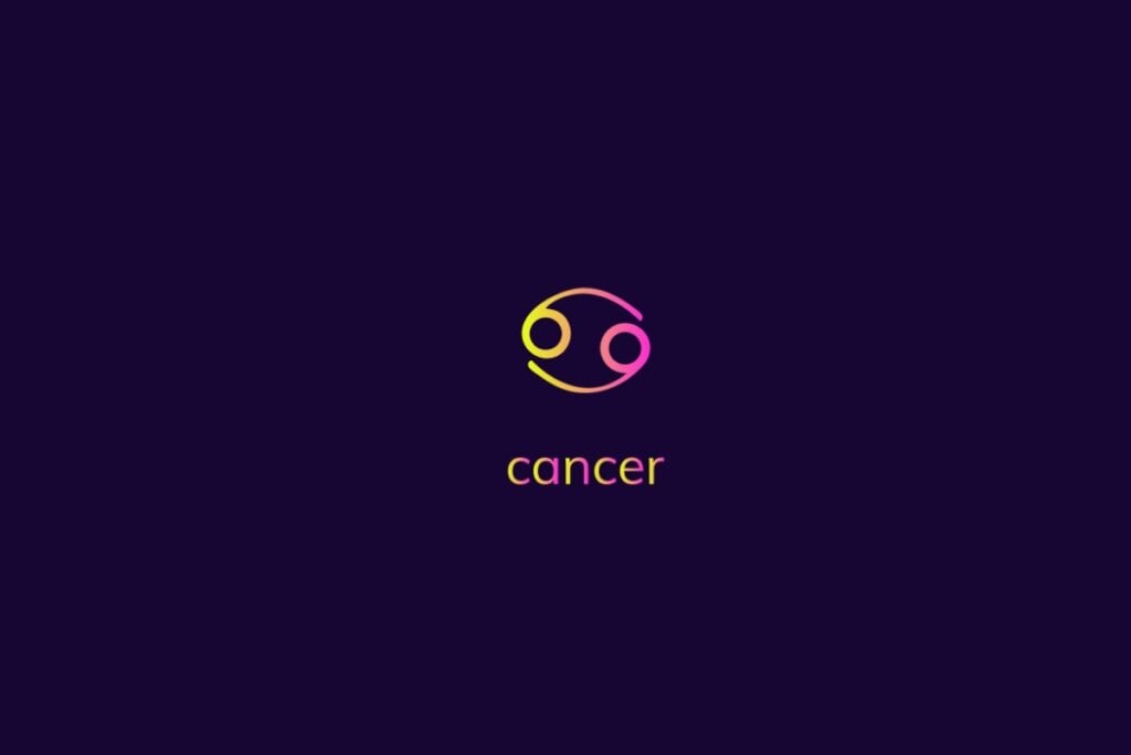 Ilustração do signo de câncer na cor rosa e amarelo em um fundo azul-escuro