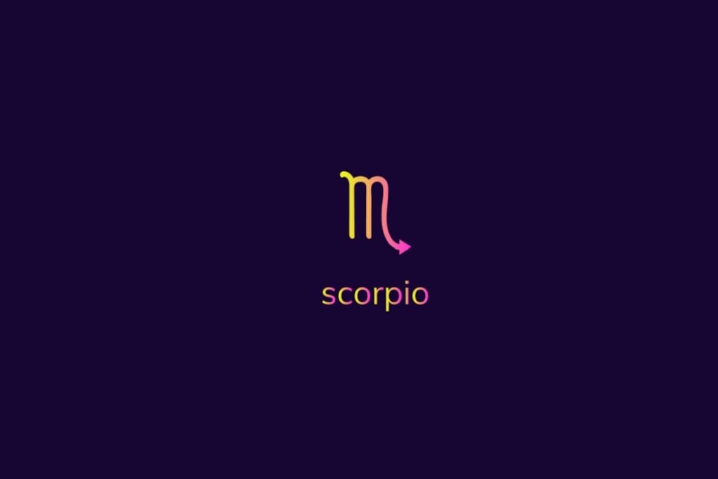 Ilustração do signo de escorpião na cor rosa e amarelo em um fundo azul-escuro