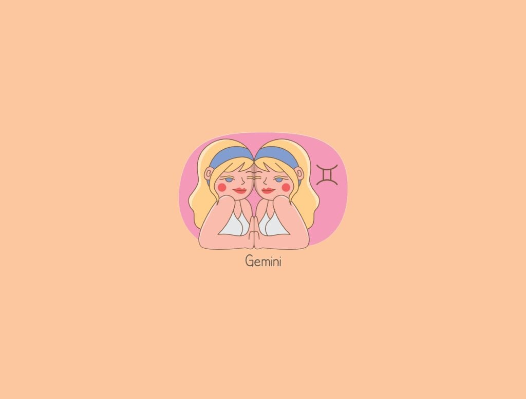 Ilustração de uma mulher ao lado do símbolo do signo de gêmeos