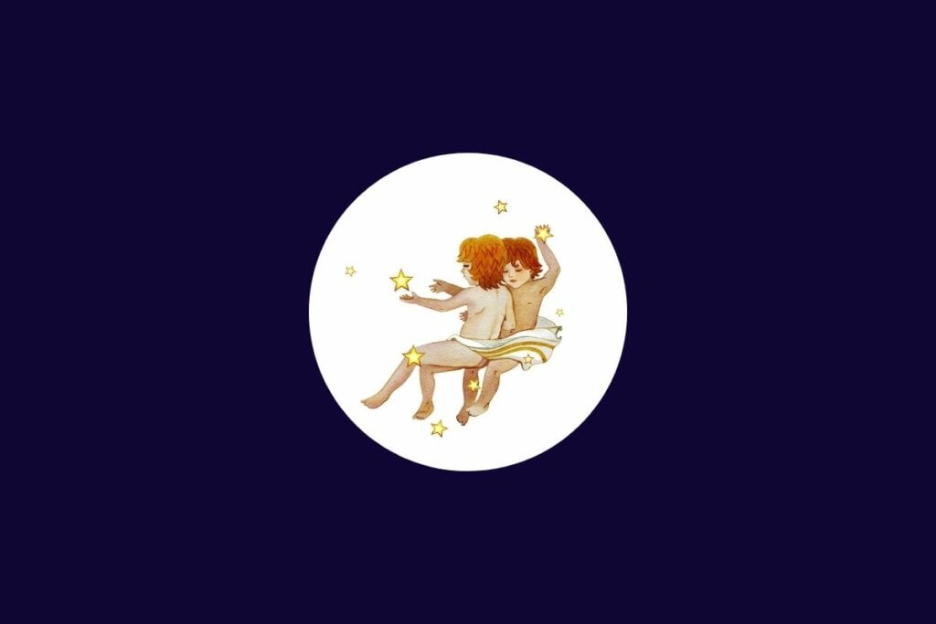 Ilustração do signo de gêmeos em um círculo branco sobre um fundo azul-escuro