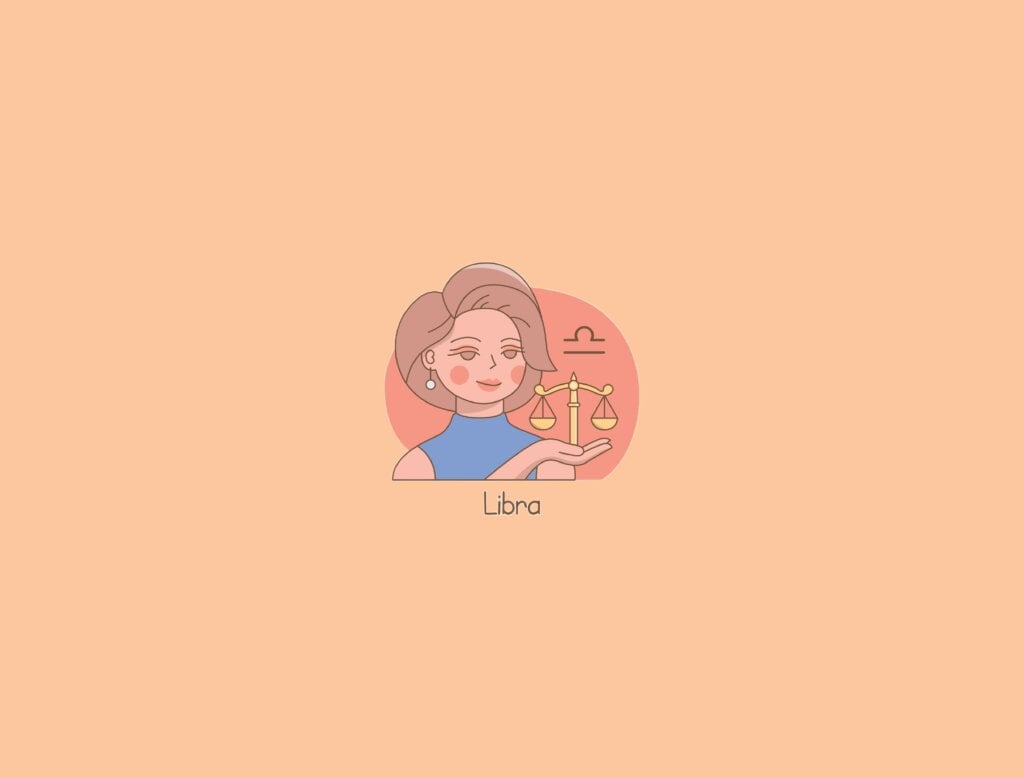 Ilustração de uma mulher ao lado do símbolo do signo de libra