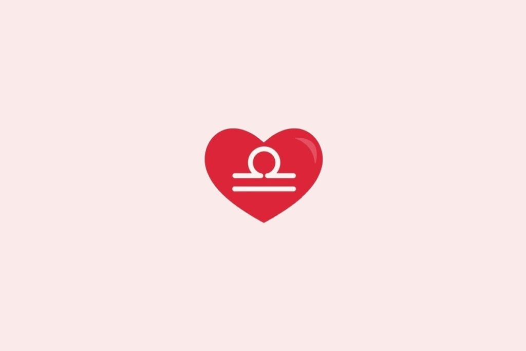 Ilustração do signo de libra em um coração vermelho sobre um fundo rosa-claro