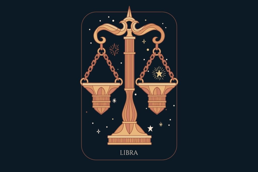 Ilustração do signo de Libra em um fundo azul