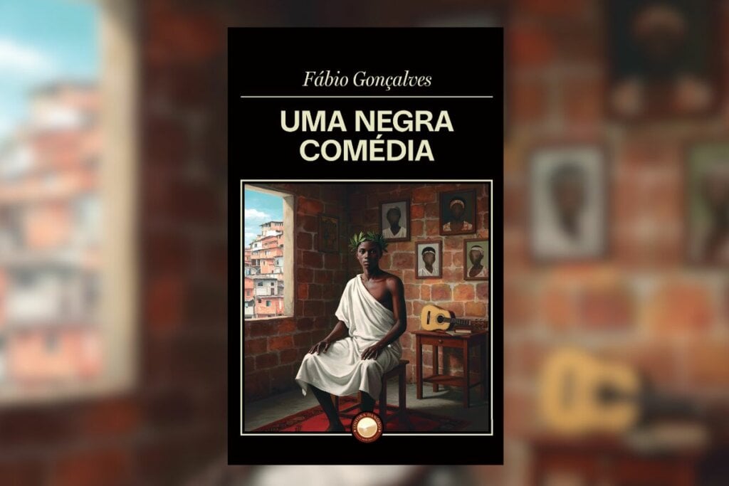 Capa de livro com título e nome do autor e a imagem de um homem negro vestido com uma roupa grega sentado em quarto de tijolos com quadros em cima