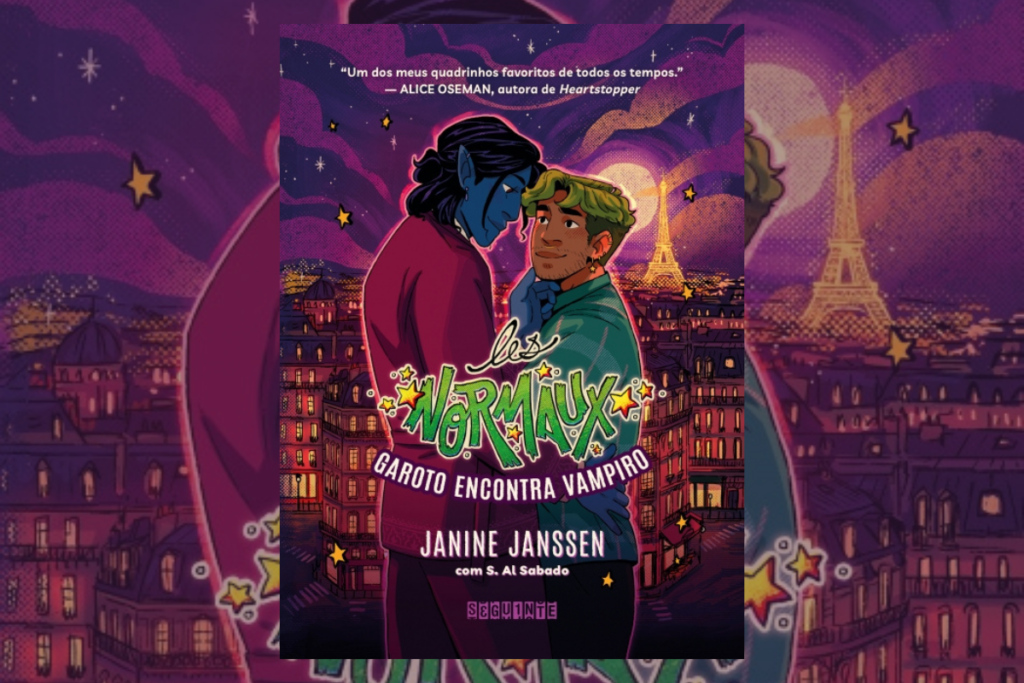 Capa de livro com título e nome do autor com a ilustração de um homem azul usando uma roupa vinho e outro homem com cabelo curto loiro usando um casaco verde. Ao fundo a cidade de Paris