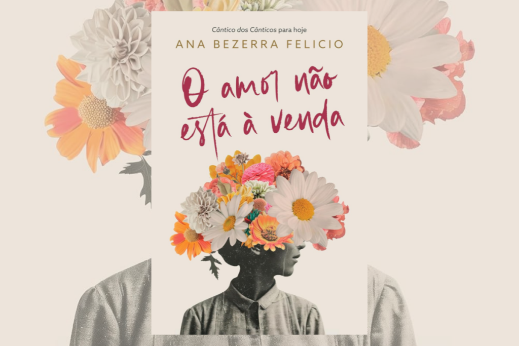 Capa de livro com título e nome do autor, com imagem de uma mulher com a cabeça coberta de flor em fundo bege