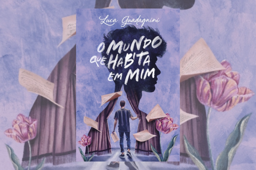 Capa de livro roxa com título e nome de autor com a ilustração da sombra de um jovem, e com um jovem entrando em uma cortina com papéis voando ao redor
