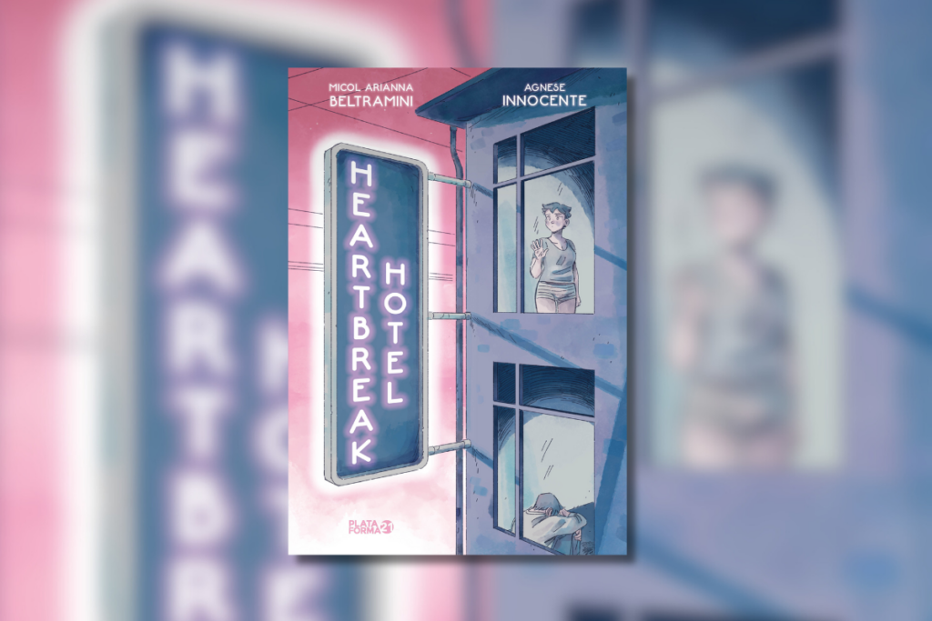 Capa de livro com título e nome do autor e ilustração de um prédio com uma placa em neon com o nome do livro, e uma pessoa em uma janela olhando para fora e na outra janela uma pessoa sentada de costas