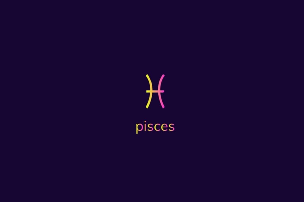 Ilustração do signo de peixes na cor rosa e amarelo em um fundo azul-escuro