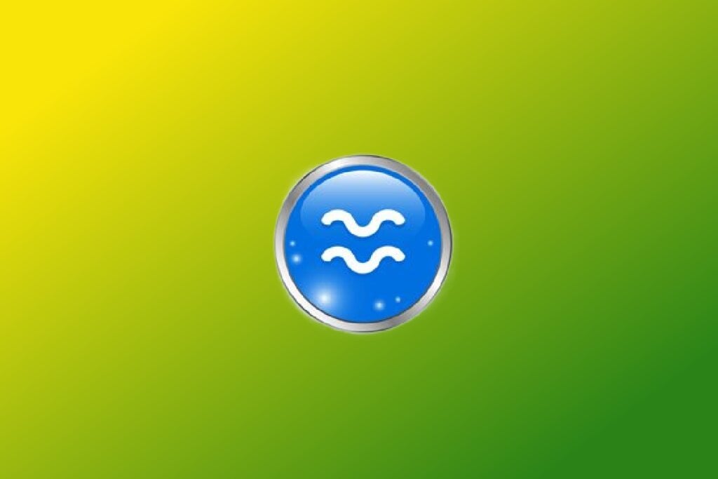 Ilustração do signo de Aquário com duas ondas brancas em círculo azul com borda metálica sobre fundo verde e amarelo