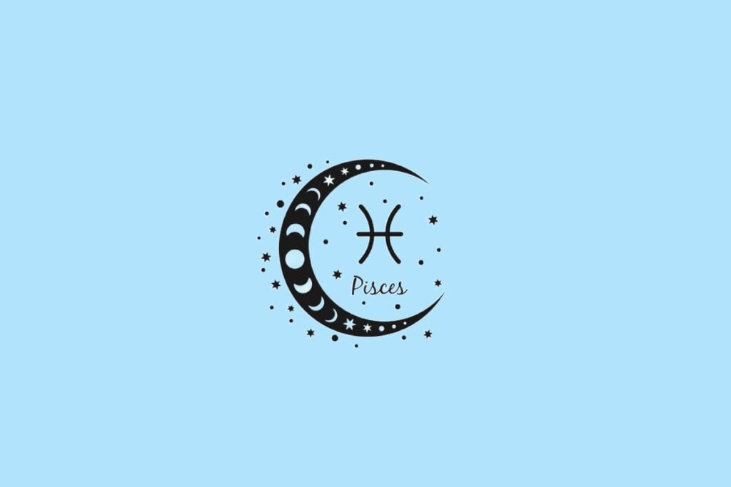 Ícone de Peixes representado por dois arcos opostos conectados por uma linha, dentro de uma lua ilustrada com fases lunares, sobre fundo azul