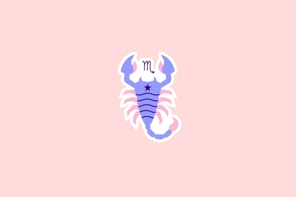 Ilustração de um escorpião em tons de azul, roxo e rosa com o símbolo de Escorpião acima, sobre fundo rosa-claro