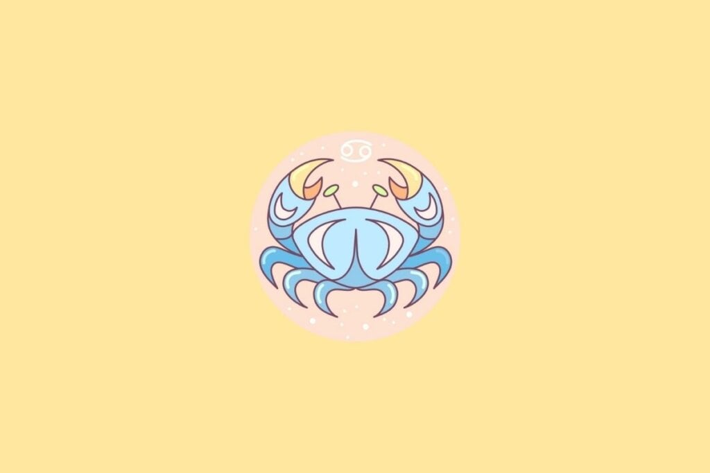 Ilustração do signo de Câncer em um círculo em cima de um fundo laranja