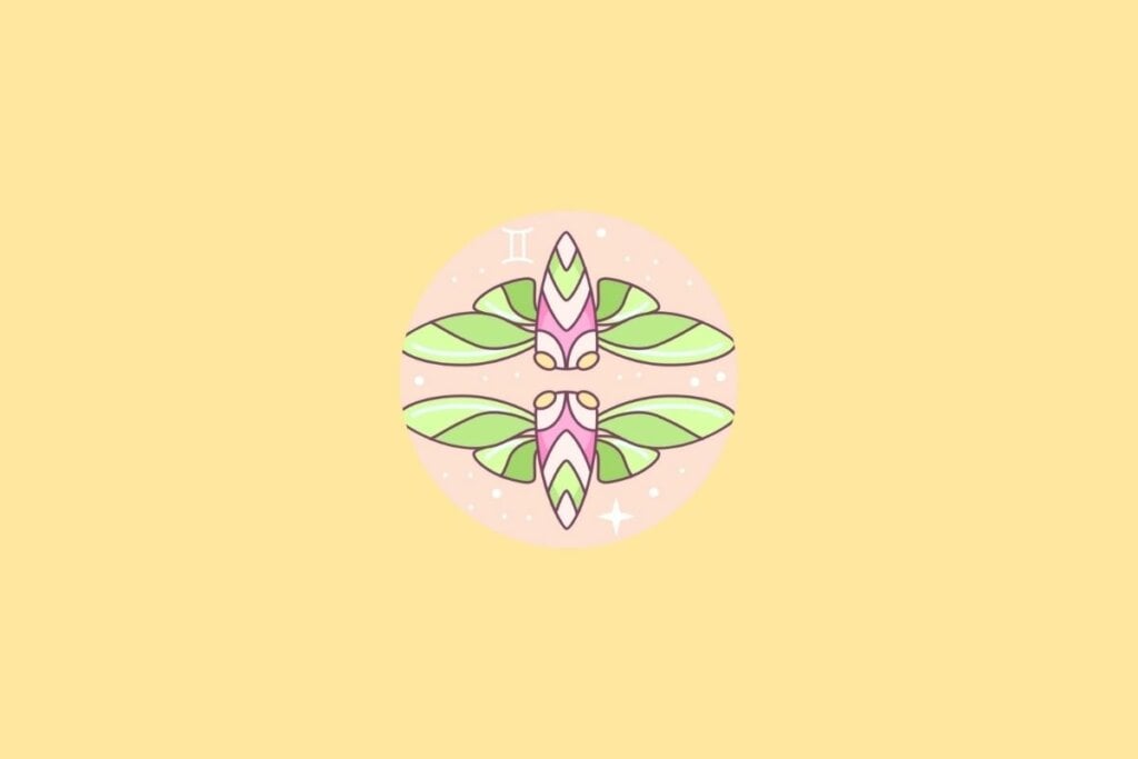 Ilustração do signo de Gêmeos em um círculo em cima de um fundo laranja