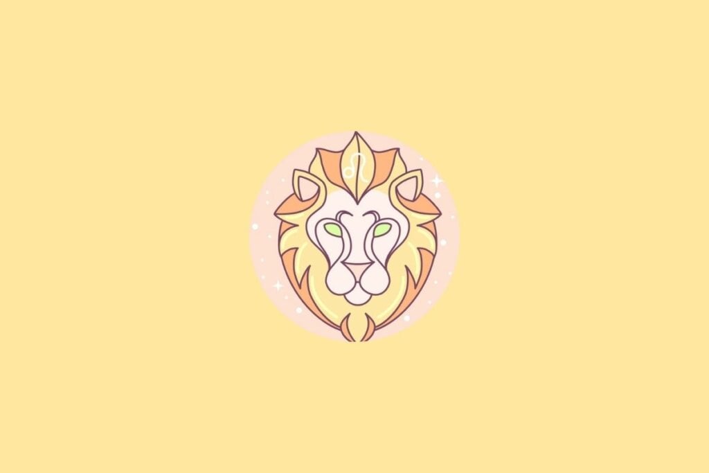 Ilustração do signo de Leão em um círculo em cima de um fundo laranja