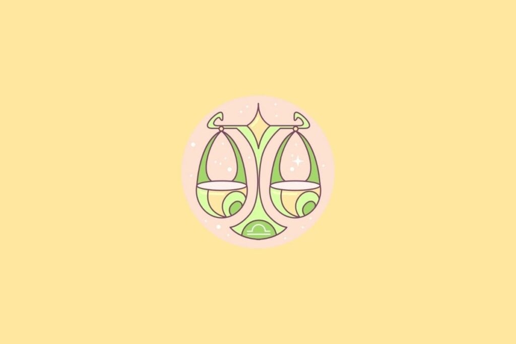 Ilustração do signo de Libra em um círculo em cima de um fundo laranja