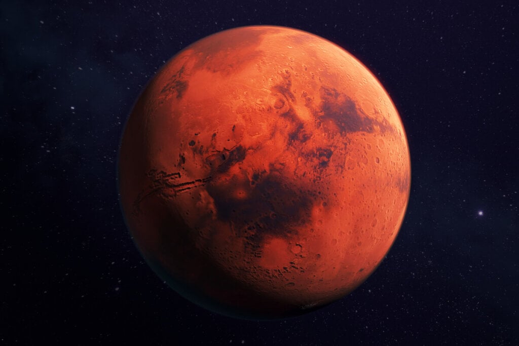 Ilustração do planeta Marte vermelho em fundo azul com estrelas