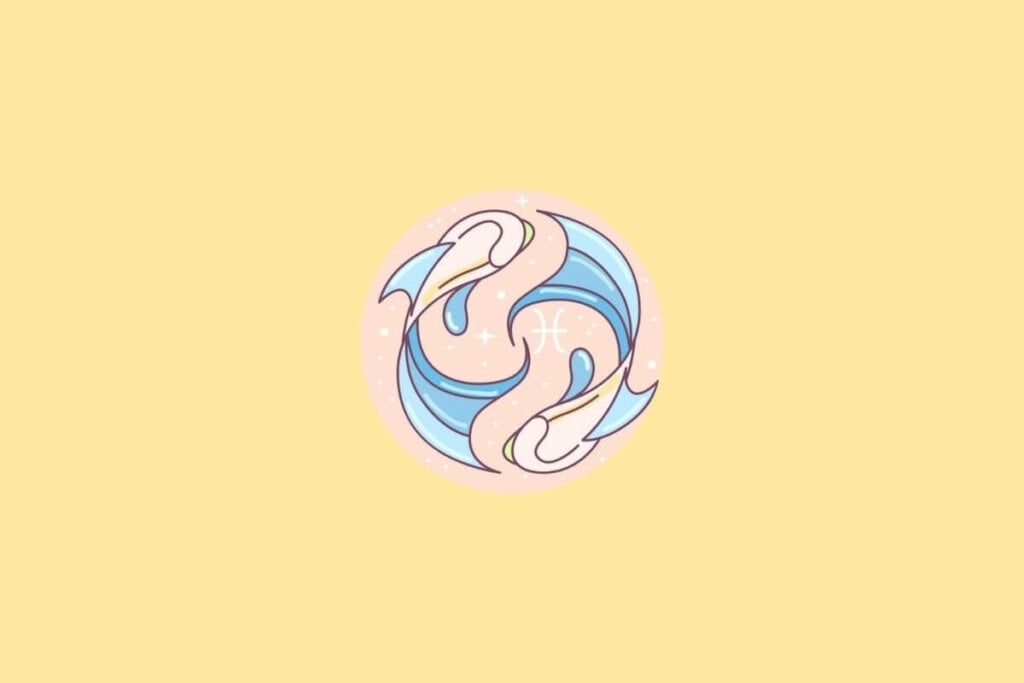 Ilustração do signo de Peixes em um círculo em cima de um fundo laranja