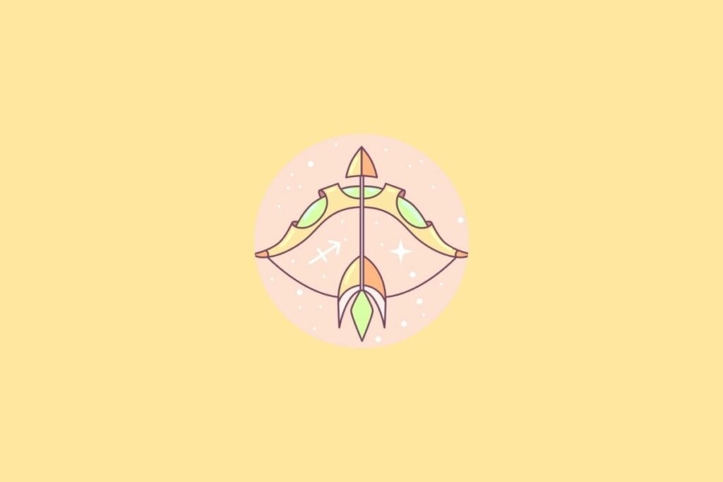 Ilustração do signo de Sagitário em um círculo em cima de um fundo laranja