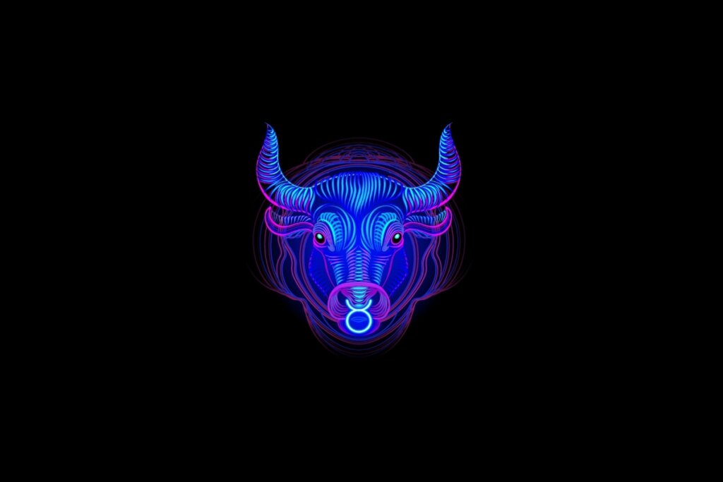 Ilustração do signo de touro em roxo e rosa em um fundo preto