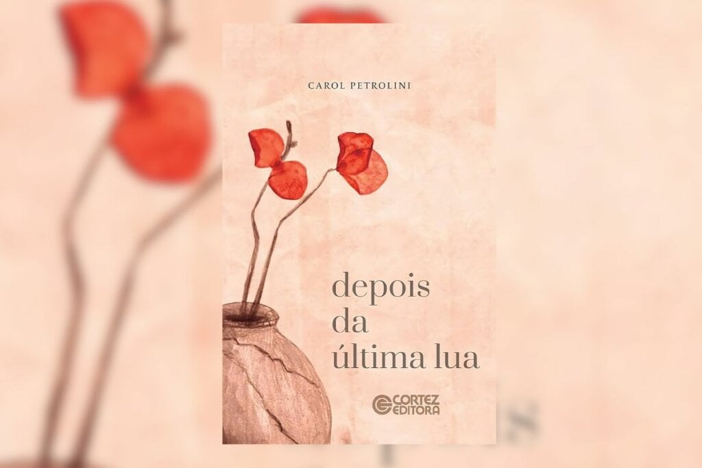 Capa de livro rosa com um vaso de planta marrom com duas flores com pétalas vermelhas escrito o nome do autor e título do livro 