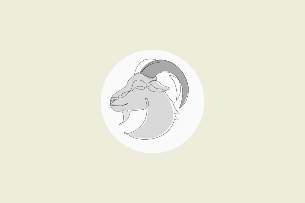 Ilustração do signo de capricórnio em preto e branco, dentro de um círculo, sobre um fundo bege-claro