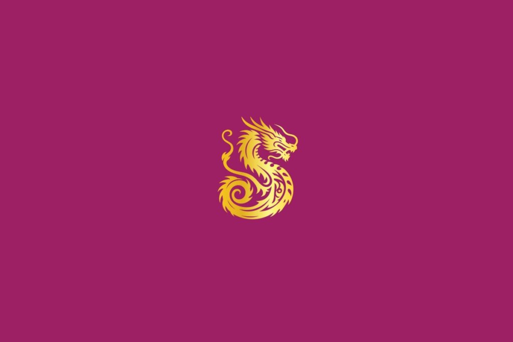 Ilustração de um dragão dourado em um fundo rosa-escuro