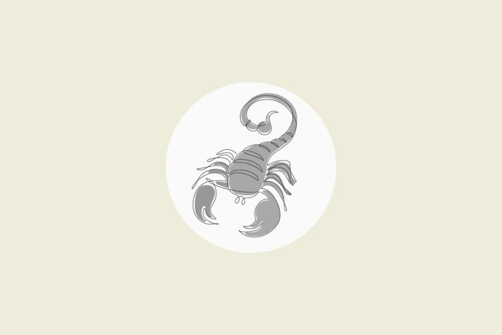 Ilustração do signo de escorpião em preto e branco, dentro de um círculo, sobre um fundo bege-claro