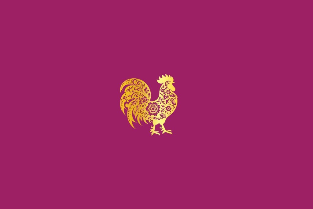 Ilustração de um galo dourado em um fundo rosa-escuro