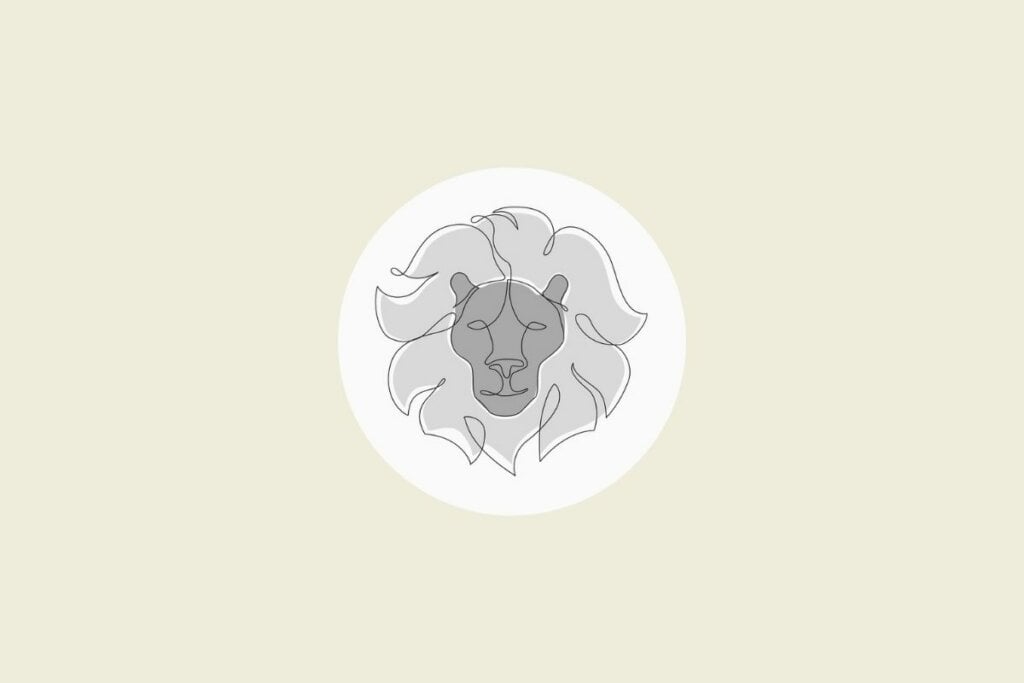 Ilustração do signo de leão em preto e branco, dentro de um círculo, sobre um fundo bege-claro