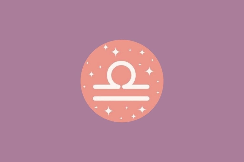Ilustração do signo de libra em um círculo verde e em um fundo roxo