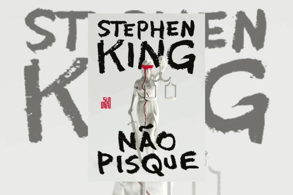 Capa de livro cinza com nome do autor e título do livro escrito em preto - com a imagem de uma estátua da deusa da justiça com sangue escorrendo de uma faixa vermelha nos olhos