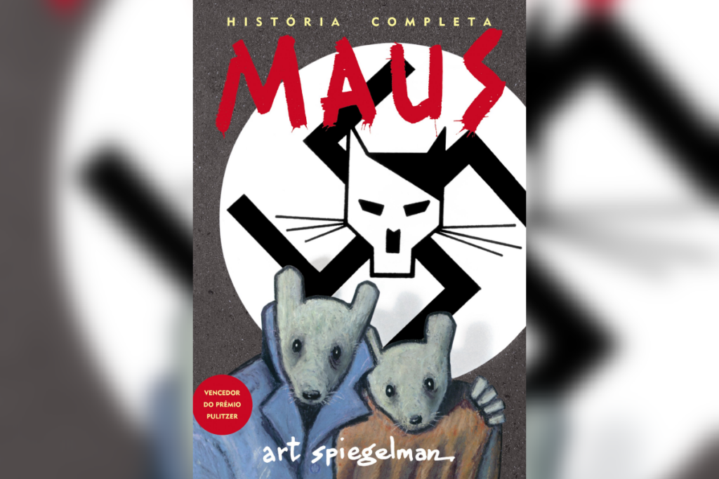 Dois ratos humanizados diante de símbolo nazista estilizado com cabeça de gato