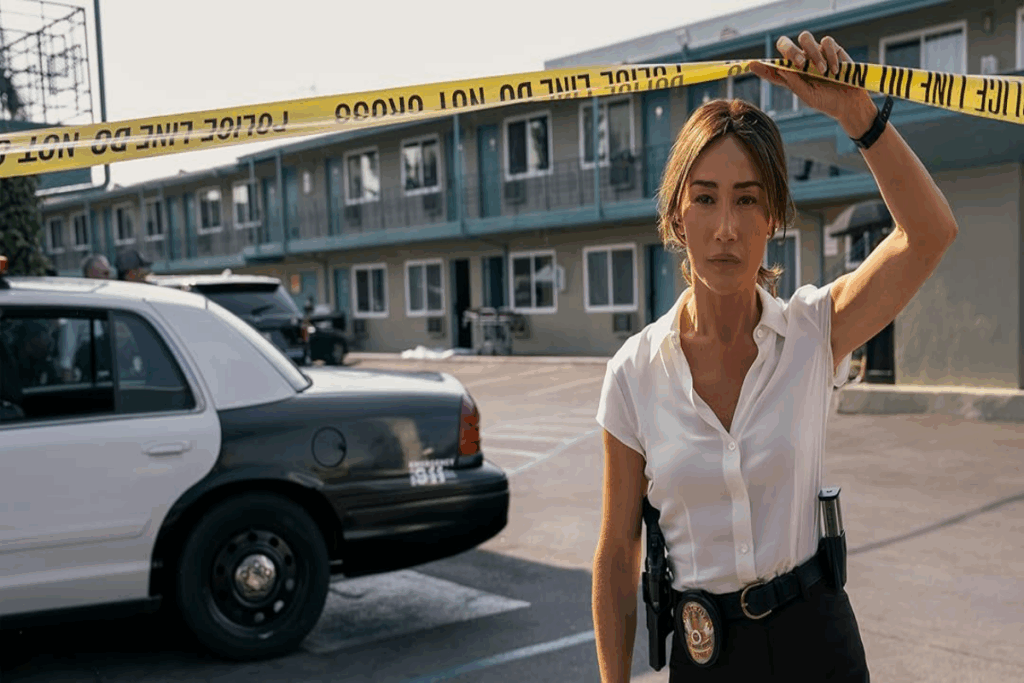 Imagem de uma mulher asiática com o cabelo preso e usando camisa social branca, com um cinto com armas e o distintivo da polícia, calça preta. Levantando uma faixa amarela de cena de crime e ao fundo há um carro da policia e um prédio