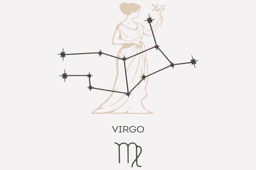 Ilustração e constelação do signo de Virgem em um fundo cinza