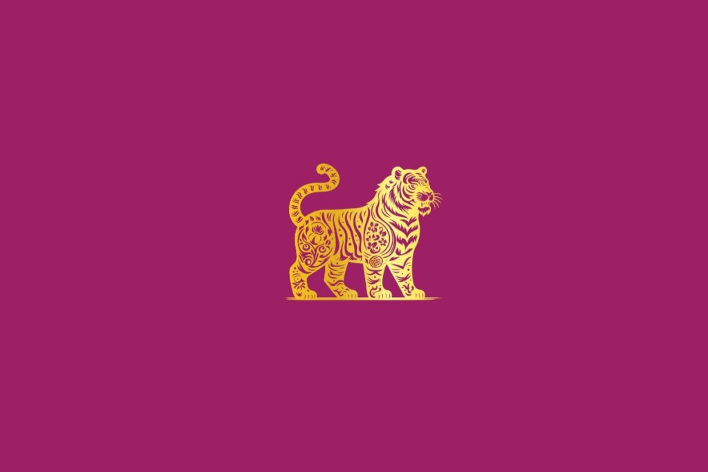 Ilustração de um tigre dourado em um fundo rosa-escuro