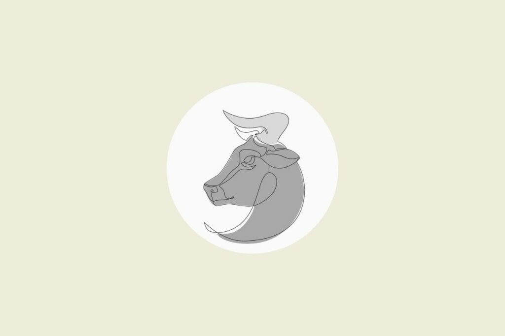 Ilustração do signo de touro em preto e branco, dentro de um círculo, sobre um fundo bege-claro
