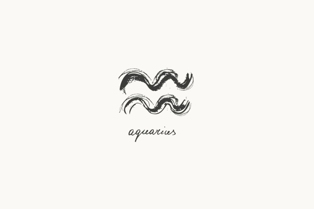 Ilustração do signo de Aquário, contendo duas linhas onduladas paralelas feitas com traços pincelados e irregulares, em fundo claro