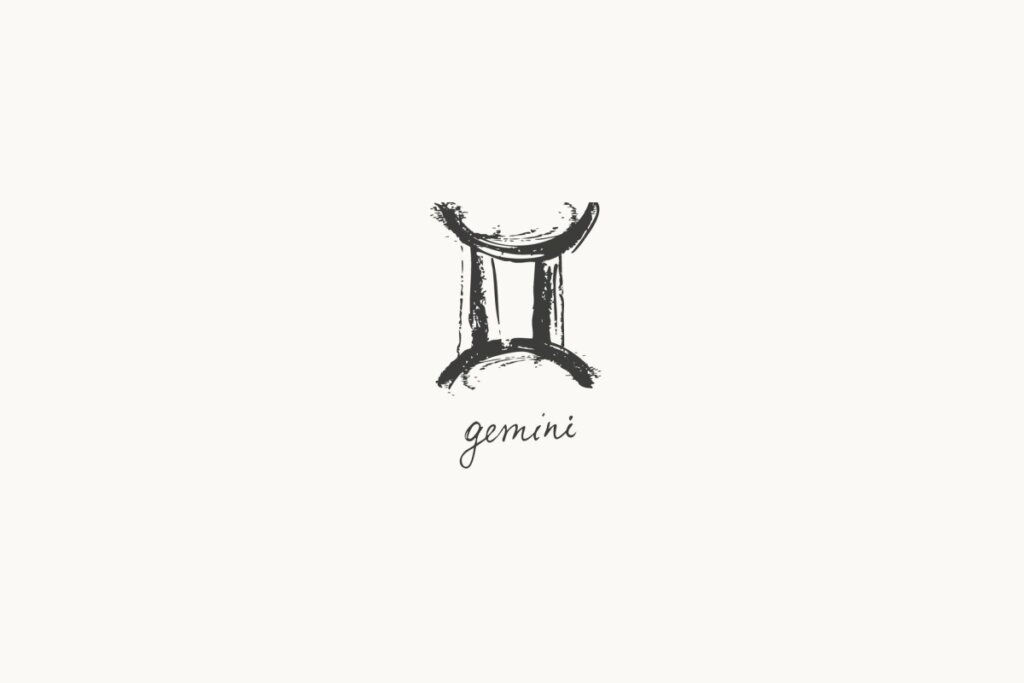 Ilustração do signo de Gêmeos, representado por duas linhas verticais conectadas por arcos superior e inferior, formando uma estrutura semelhante a colunas, em fundo claro