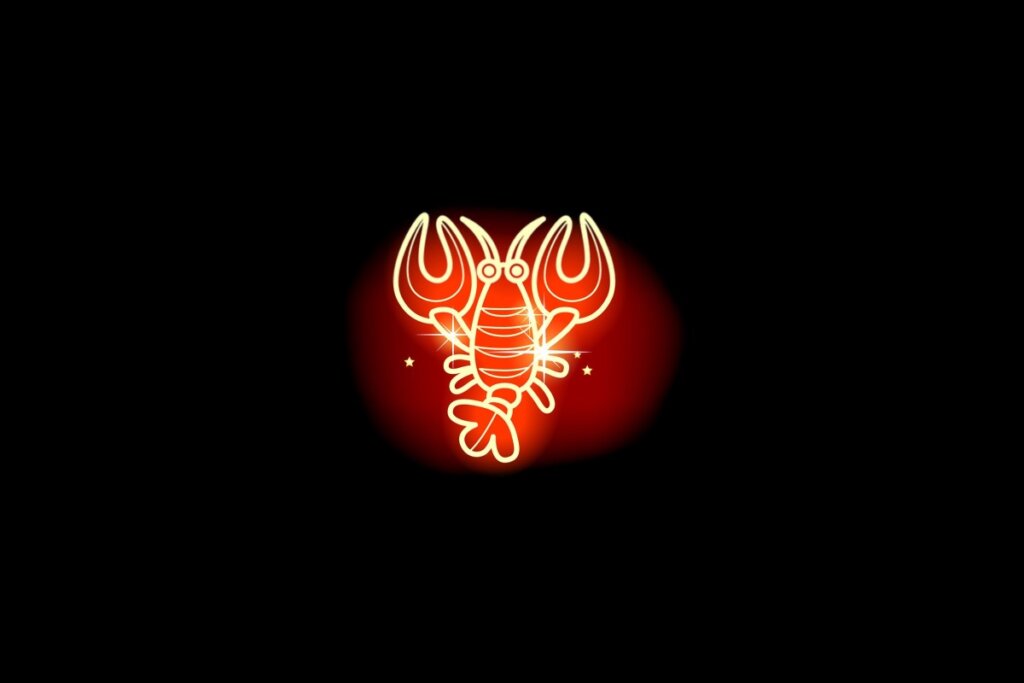 Ilustração em vermelho neon do signo de Câncer em fundo preto