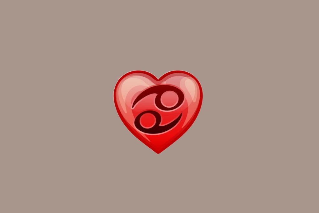 Ilustração do signo de Câncer, em fundo amarronzado, com um coração vermelho ao centro contendo dois círculos ligados por linhas curvas