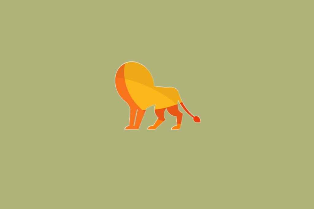 Ilustração de um leão em amarelo e laranja, com corpo de perfil e juba volumosa em forma circular, sobre fundo verde-oliva