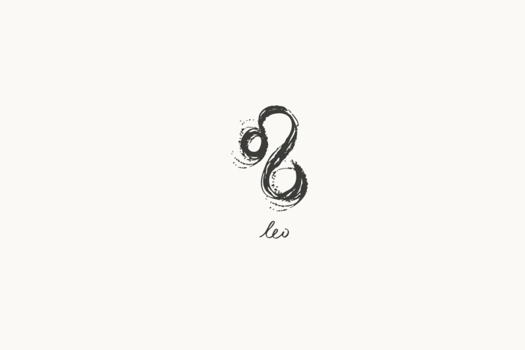Ilustração do signo de Leão, com uma curva espiralada à esquerda e um traço em forma de “S” estilizado, em fundo claro