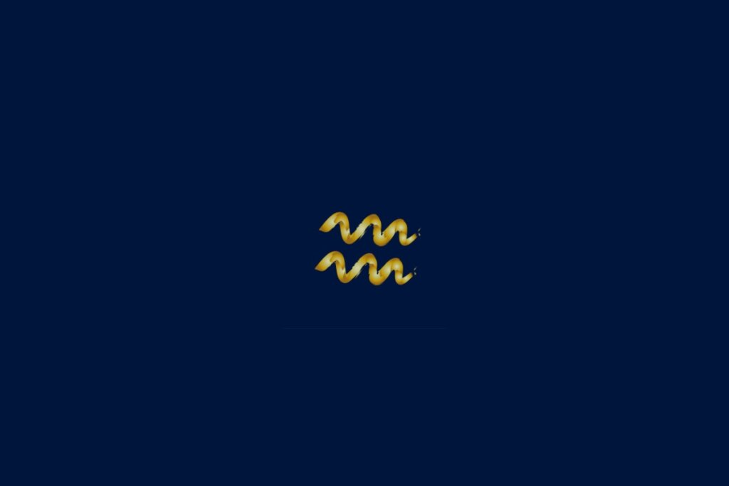 Ilustração do signo de aquário em dourado e no formato de uma corda em um fundo azul-escuro
