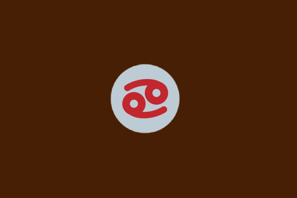 Ilustração do signo de Câncer, com símbolo vermelho parecido com o número 69 deitado, sobre fundo cinza e marrom-escuro