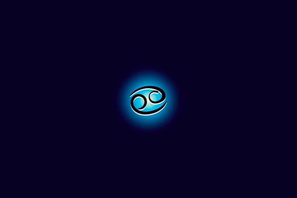 Ilustração do signo de câncer iluminado com uma luz em um fundo azul escuro