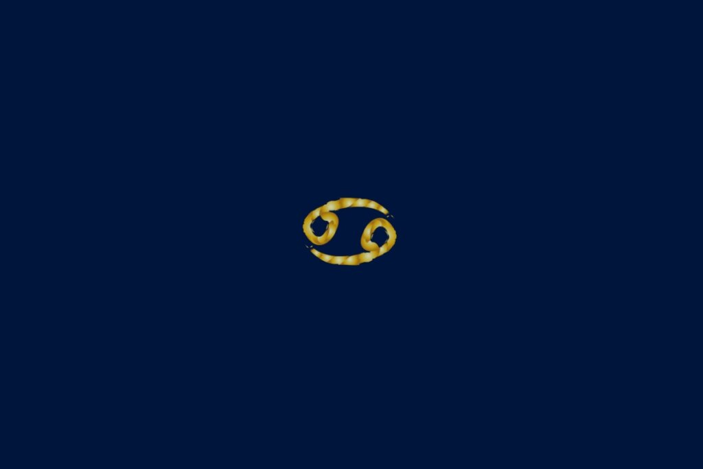 Ilustração do signo de câncer em dourado e no formato de uma corda em um fundo azul-escuro