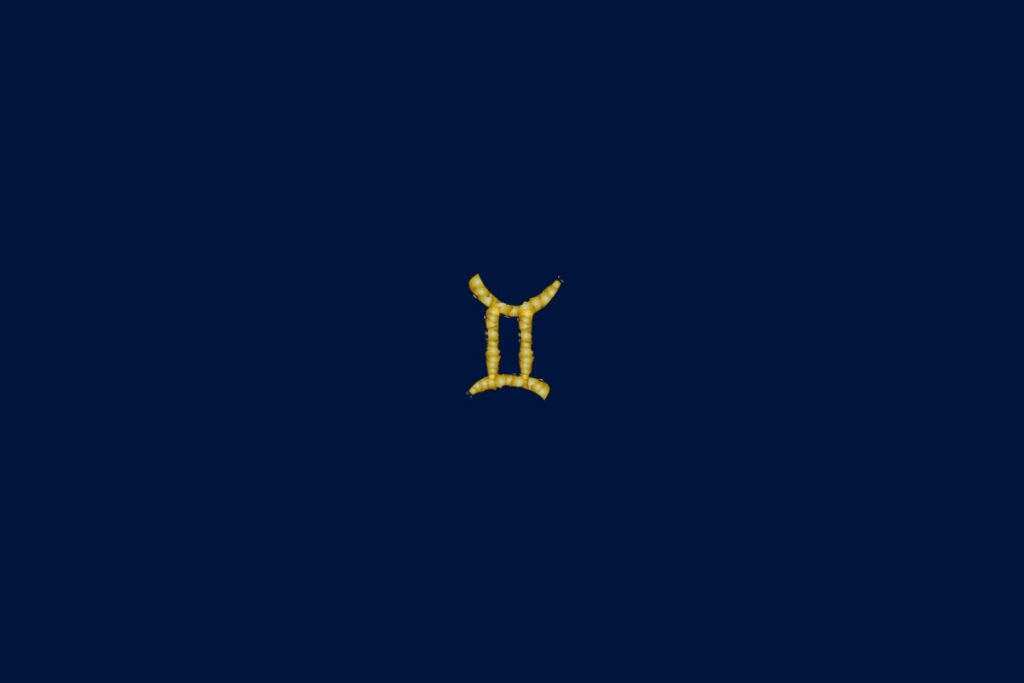 Ilustração do signo de gêmeos em dourado e no formato de uma corda em um fundo azul-escuro