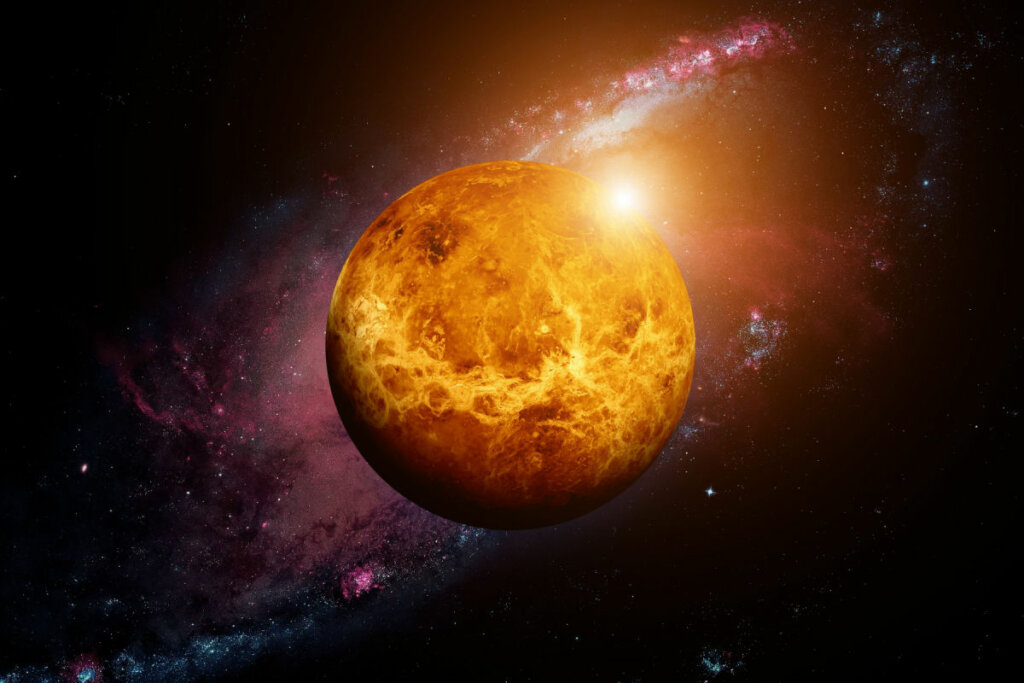 Ilustração do planeta Vênus com uma luz amarela do lado 